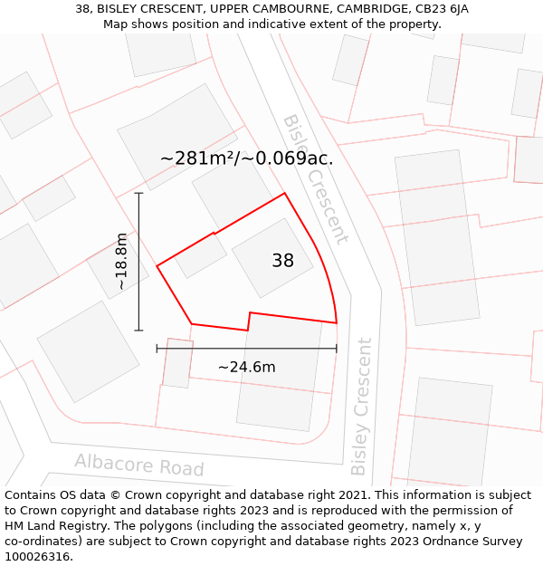 38, BISLEY CRESCENT, UPPER CAMBOURNE, CAMBRIDGE, CB23 6JA: Plot and title map