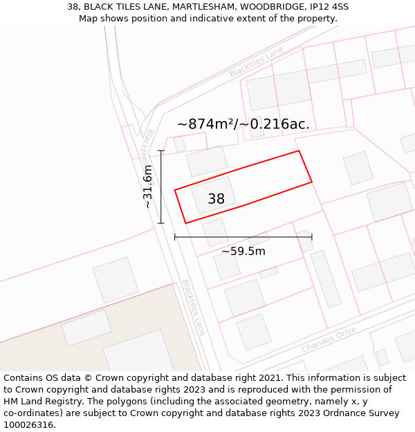 38, BLACK TILES LANE, MARTLESHAM, WOODBRIDGE, IP12 4SS: Plot and title map