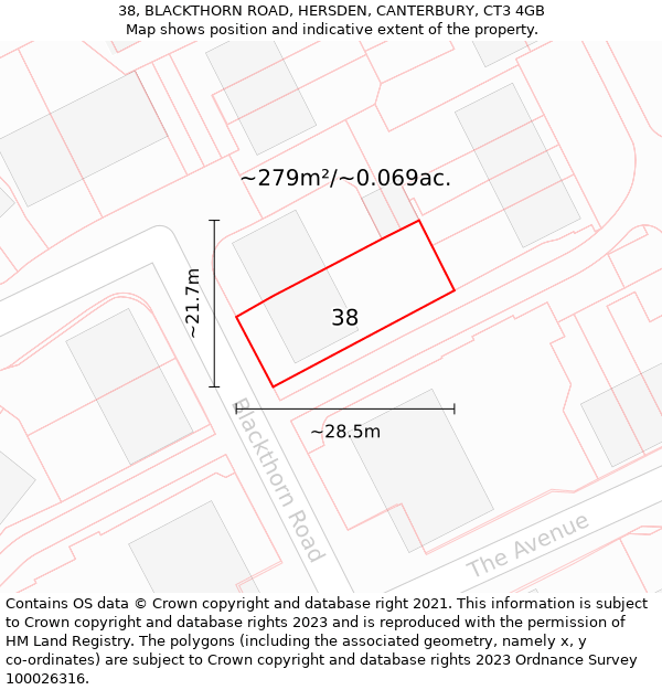 38, BLACKTHORN ROAD, HERSDEN, CANTERBURY, CT3 4GB: Plot and title map