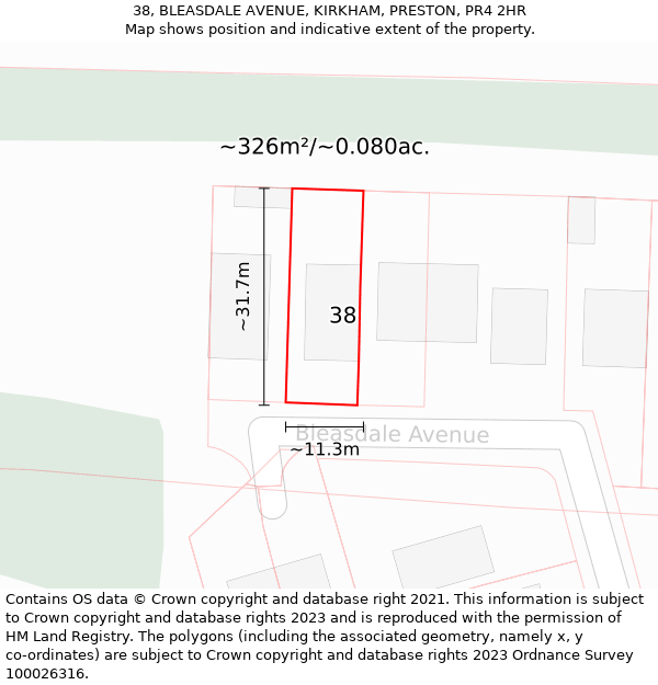 38, BLEASDALE AVENUE, KIRKHAM, PRESTON, PR4 2HR: Plot and title map