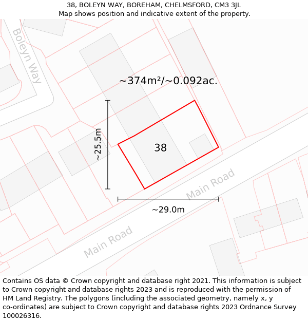 38, BOLEYN WAY, BOREHAM, CHELMSFORD, CM3 3JL: Plot and title map