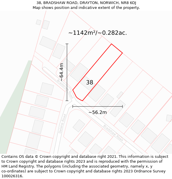 38, BRADSHAW ROAD, DRAYTON, NORWICH, NR8 6DJ: Plot and title map