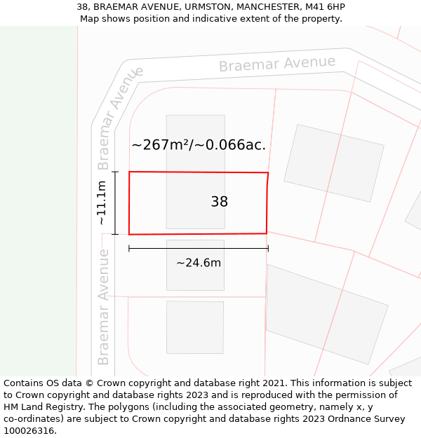 38, BRAEMAR AVENUE, URMSTON, MANCHESTER, M41 6HP: Plot and title map