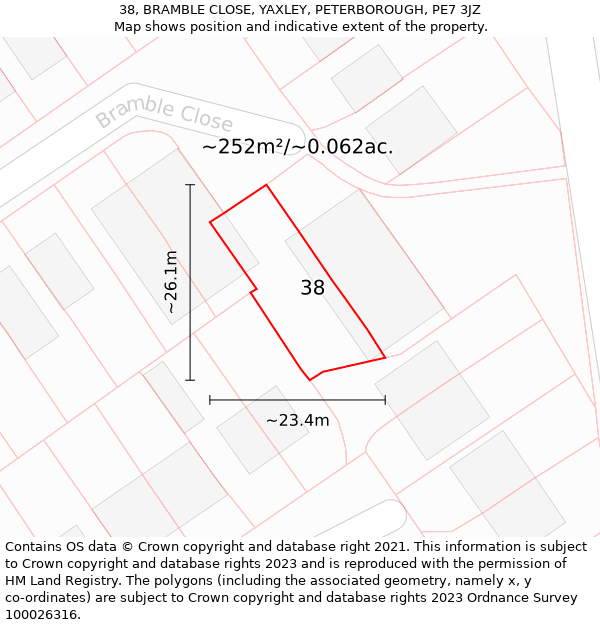 38, BRAMBLE CLOSE, YAXLEY, PETERBOROUGH, PE7 3JZ: Plot and title map