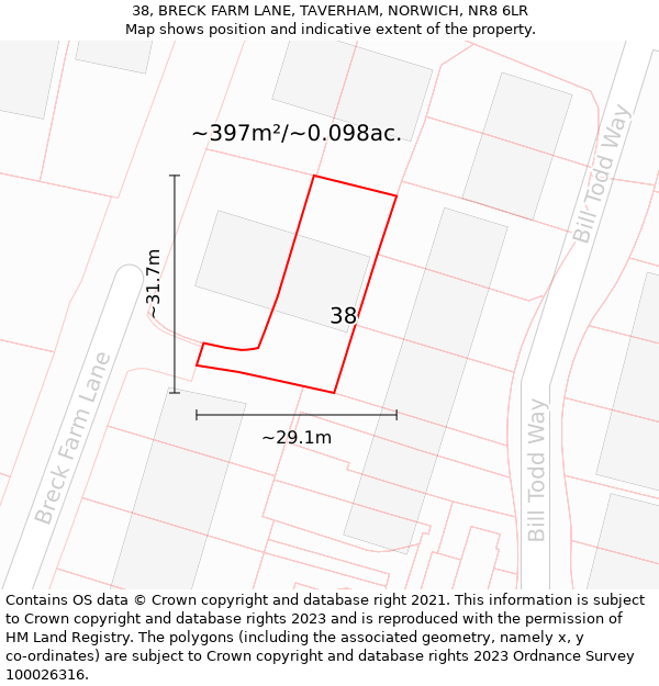 38, BRECK FARM LANE, TAVERHAM, NORWICH, NR8 6LR: Plot and title map