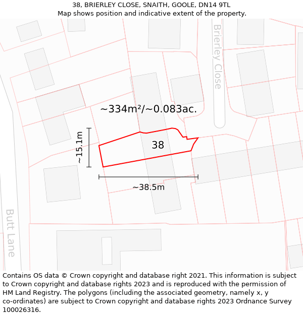 38, BRIERLEY CLOSE, SNAITH, GOOLE, DN14 9TL: Plot and title map