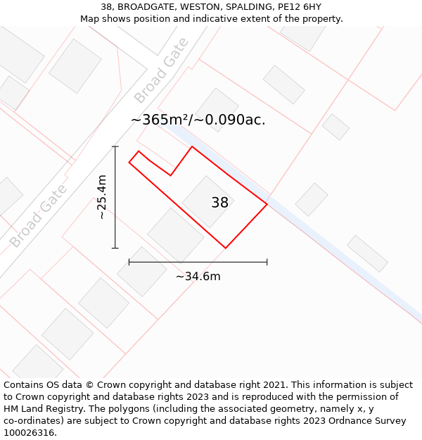 38, BROADGATE, WESTON, SPALDING, PE12 6HY: Plot and title map