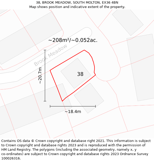 38, BROOK MEADOW, SOUTH MOLTON, EX36 4BN: Plot and title map