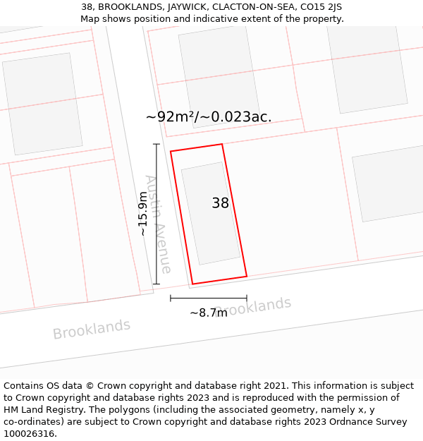 38, BROOKLANDS, JAYWICK, CLACTON-ON-SEA, CO15 2JS: Plot and title map