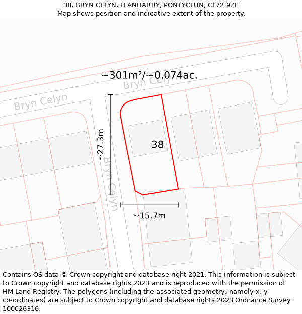 38, BRYN CELYN, LLANHARRY, PONTYCLUN, CF72 9ZE: Plot and title map