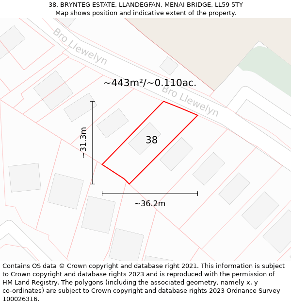 38, BRYNTEG ESTATE, LLANDEGFAN, MENAI BRIDGE, LL59 5TY: Plot and title map