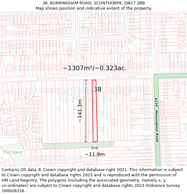 38, BURRINGHAM ROAD, SCUNTHORPE, DN17 2BB: Plot and title map