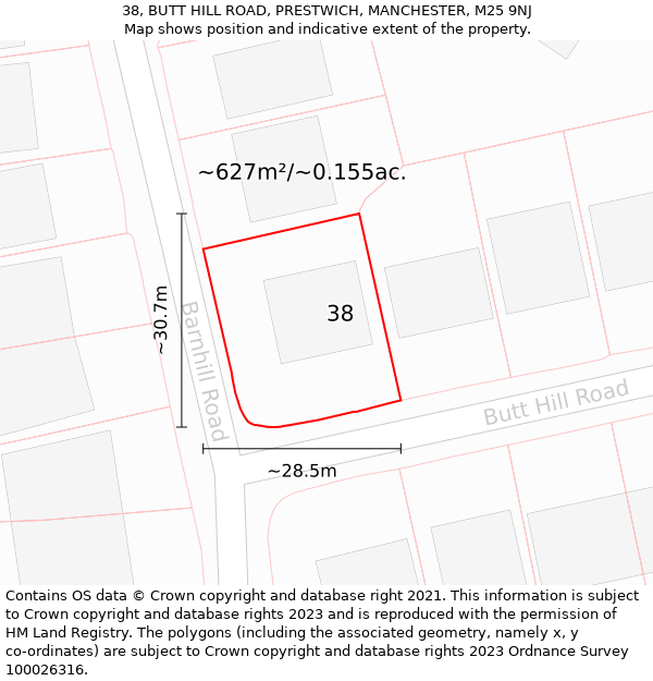 38, BUTT HILL ROAD, PRESTWICH, MANCHESTER, M25 9NJ: Plot and title map