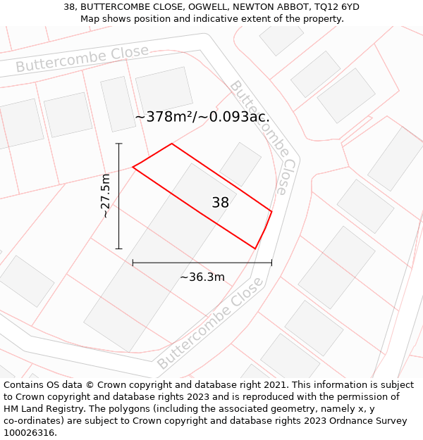 38, BUTTERCOMBE CLOSE, OGWELL, NEWTON ABBOT, TQ12 6YD: Plot and title map