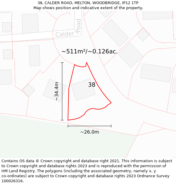 38, CALDER ROAD, MELTON, WOODBRIDGE, IP12 1TP: Plot and title map