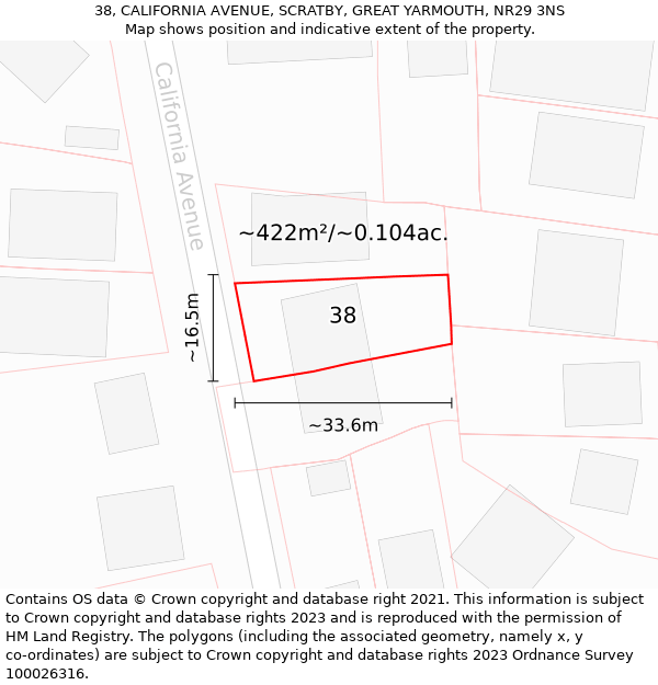 38, CALIFORNIA AVENUE, SCRATBY, GREAT YARMOUTH, NR29 3NS: Plot and title map