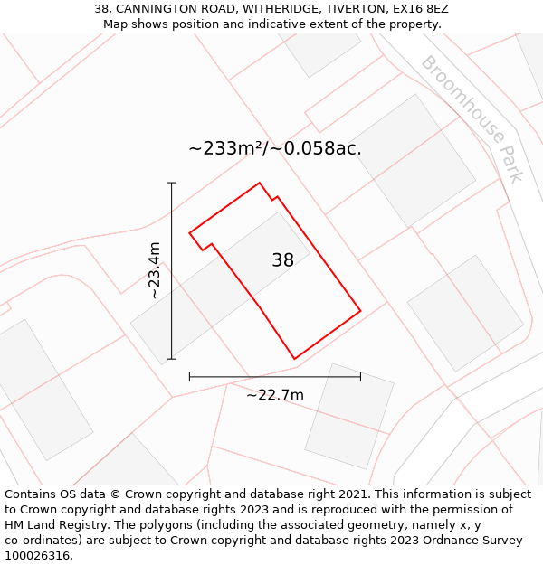 38, CANNINGTON ROAD, WITHERIDGE, TIVERTON, EX16 8EZ: Plot and title map