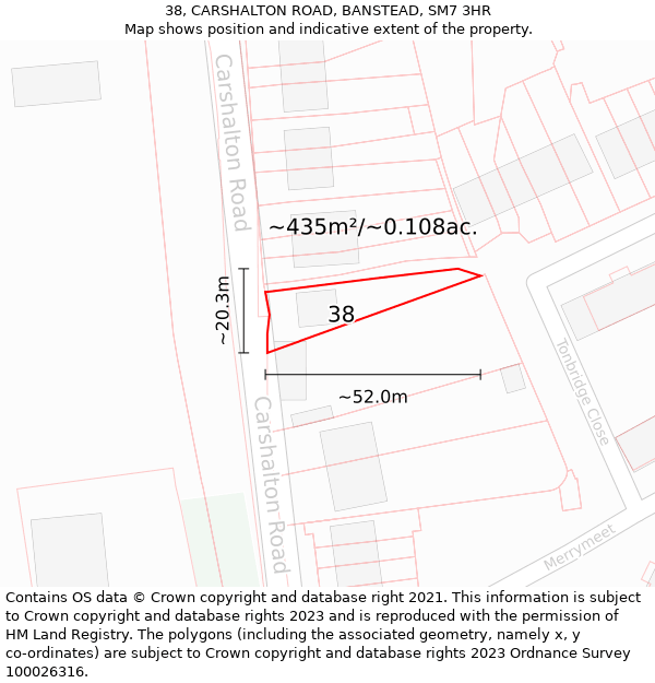 38, CARSHALTON ROAD, BANSTEAD, SM7 3HR: Plot and title map