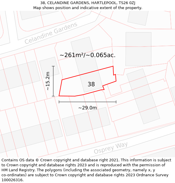 38, CELANDINE GARDENS, HARTLEPOOL, TS26 0ZJ: Plot and title map