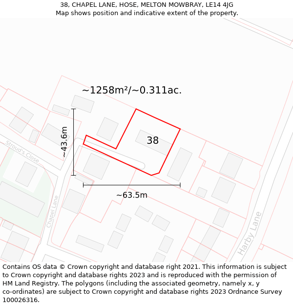 38, CHAPEL LANE, HOSE, MELTON MOWBRAY, LE14 4JG: Plot and title map