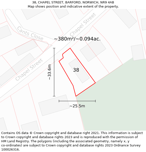 38, CHAPEL STREET, BARFORD, NORWICH, NR9 4AB: Plot and title map