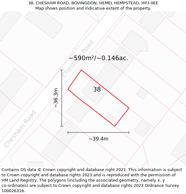 38, CHESHAM ROAD, BOVINGDON, HEMEL HEMPSTEAD, HP3 0EE: Plot and title map