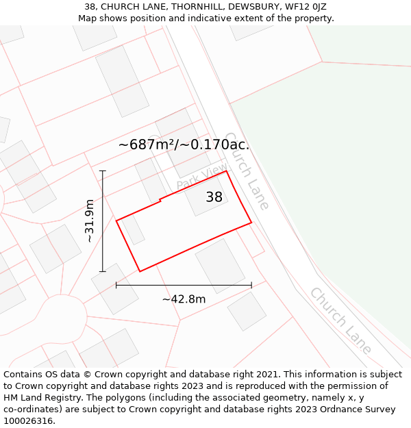 38, CHURCH LANE, THORNHILL, DEWSBURY, WF12 0JZ: Plot and title map