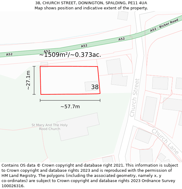 38, CHURCH STREET, DONINGTON, SPALDING, PE11 4UA: Plot and title map