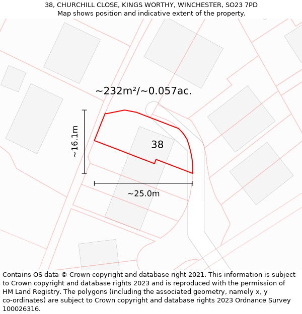 38, CHURCHILL CLOSE, KINGS WORTHY, WINCHESTER, SO23 7PD: Plot and title map