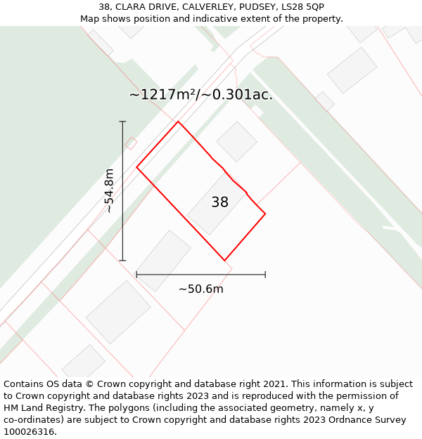 38, CLARA DRIVE, CALVERLEY, PUDSEY, LS28 5QP: Plot and title map