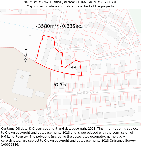 38, CLAYTONGATE DRIVE, PENWORTHAM, PRESTON, PR1 9SE: Plot and title map