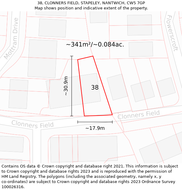 38, CLONNERS FIELD, STAPELEY, NANTWICH, CW5 7GP: Plot and title map