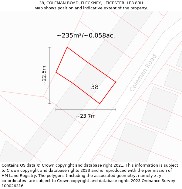 38, COLEMAN ROAD, FLECKNEY, LEICESTER, LE8 8BH: Plot and title map