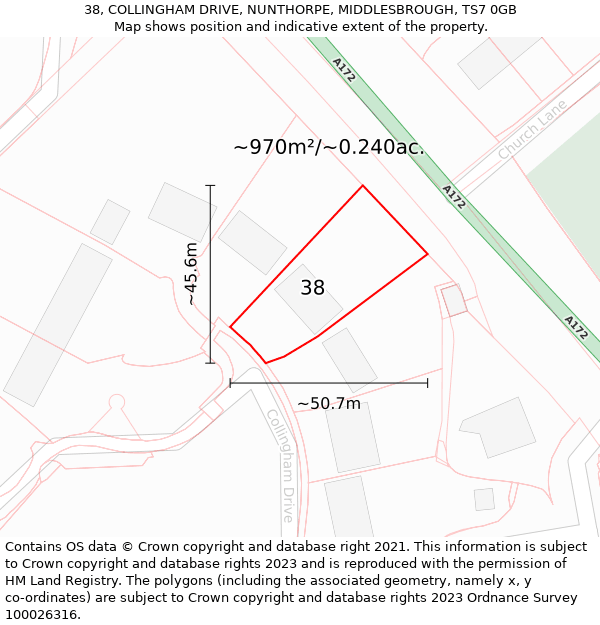 38, COLLINGHAM DRIVE, NUNTHORPE, MIDDLESBROUGH, TS7 0GB: Plot and title map