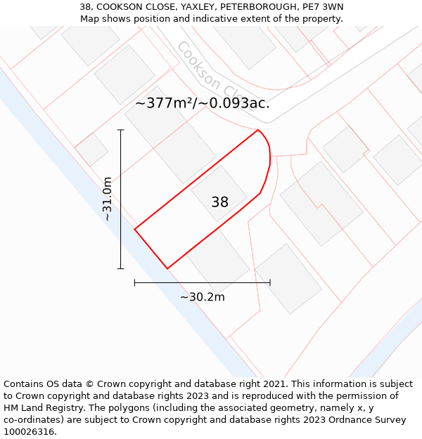 38, COOKSON CLOSE, YAXLEY, PETERBOROUGH, PE7 3WN: Plot and title map