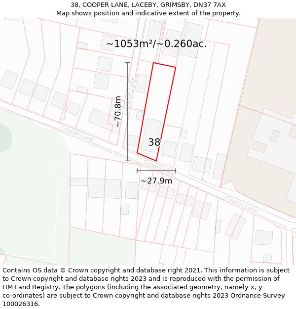 38, COOPER LANE, LACEBY, GRIMSBY, DN37 7AX: Plot and title map