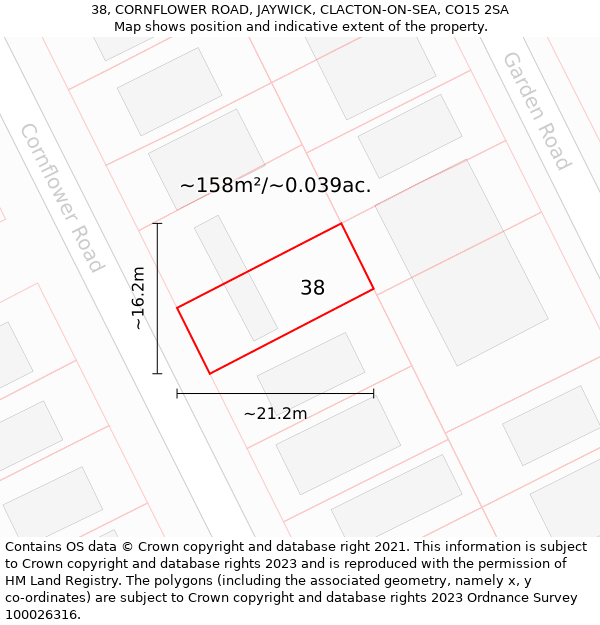 38, CORNFLOWER ROAD, JAYWICK, CLACTON-ON-SEA, CO15 2SA: Plot and title map