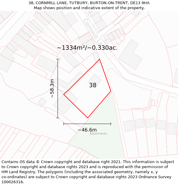 38, CORNMILL LANE, TUTBURY, BURTON-ON-TRENT, DE13 9HA: Plot and title map