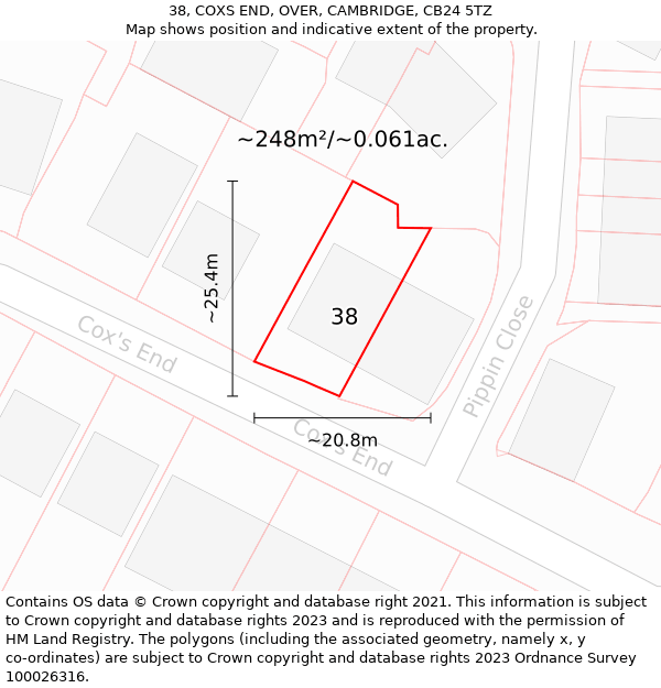 38, COXS END, OVER, CAMBRIDGE, CB24 5TZ: Plot and title map