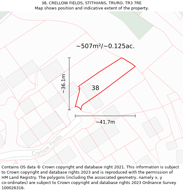 38, CRELLOW FIELDS, STITHIANS, TRURO, TR3 7RE: Plot and title map