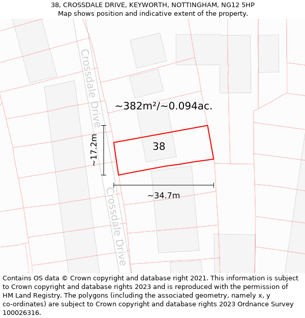 38, CROSSDALE DRIVE, KEYWORTH, NOTTINGHAM, NG12 5HP: Plot and title map