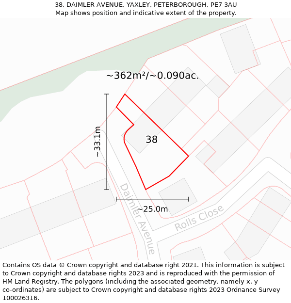 38, DAIMLER AVENUE, YAXLEY, PETERBOROUGH, PE7 3AU: Plot and title map