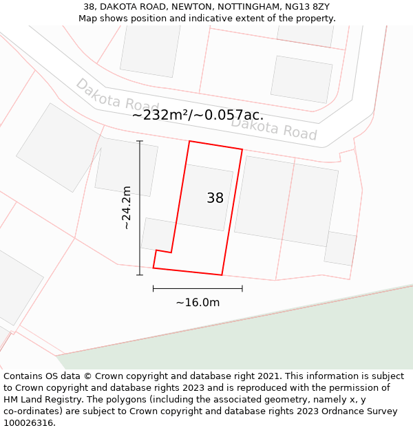 38, DAKOTA ROAD, NEWTON, NOTTINGHAM, NG13 8ZY: Plot and title map