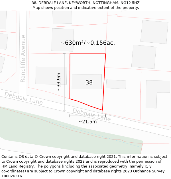 38, DEBDALE LANE, KEYWORTH, NOTTINGHAM, NG12 5HZ: Plot and title map