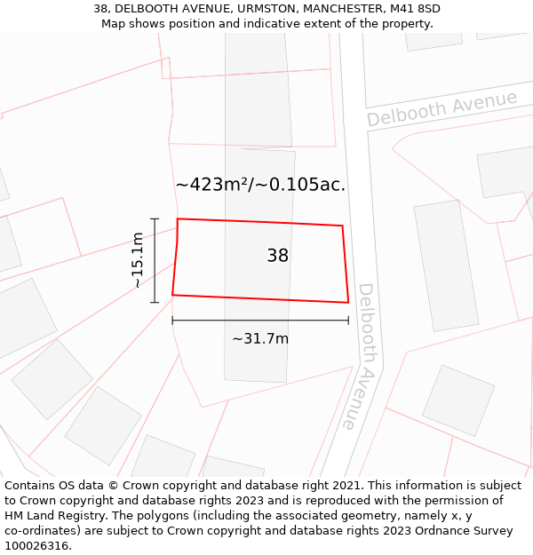 38, DELBOOTH AVENUE, URMSTON, MANCHESTER, M41 8SD: Plot and title map