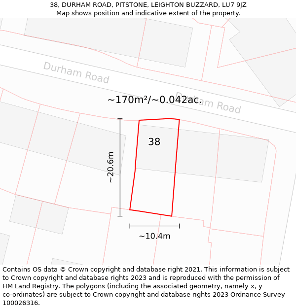 38, DURHAM ROAD, PITSTONE, LEIGHTON BUZZARD, LU7 9JZ: Plot and title map