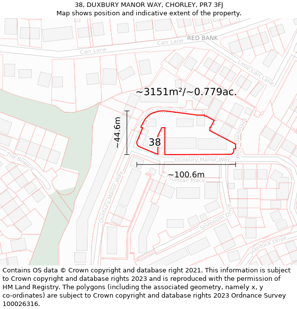 38, DUXBURY MANOR WAY, CHORLEY, PR7 3FJ: Plot and title map