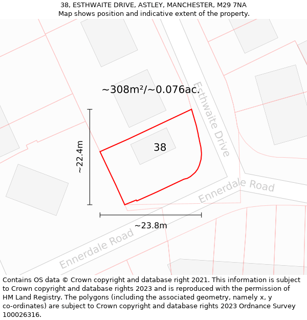 38, ESTHWAITE DRIVE, ASTLEY, MANCHESTER, M29 7NA: Plot and title map