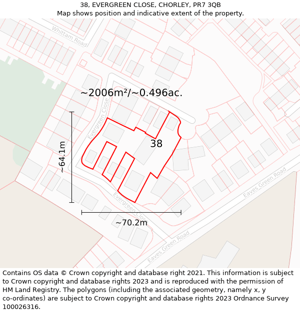 38, EVERGREEN CLOSE, CHORLEY, PR7 3QB: Plot and title map