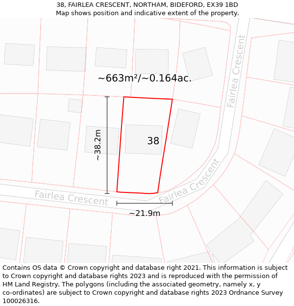 38, FAIRLEA CRESCENT, NORTHAM, BIDEFORD, EX39 1BD: Plot and title map